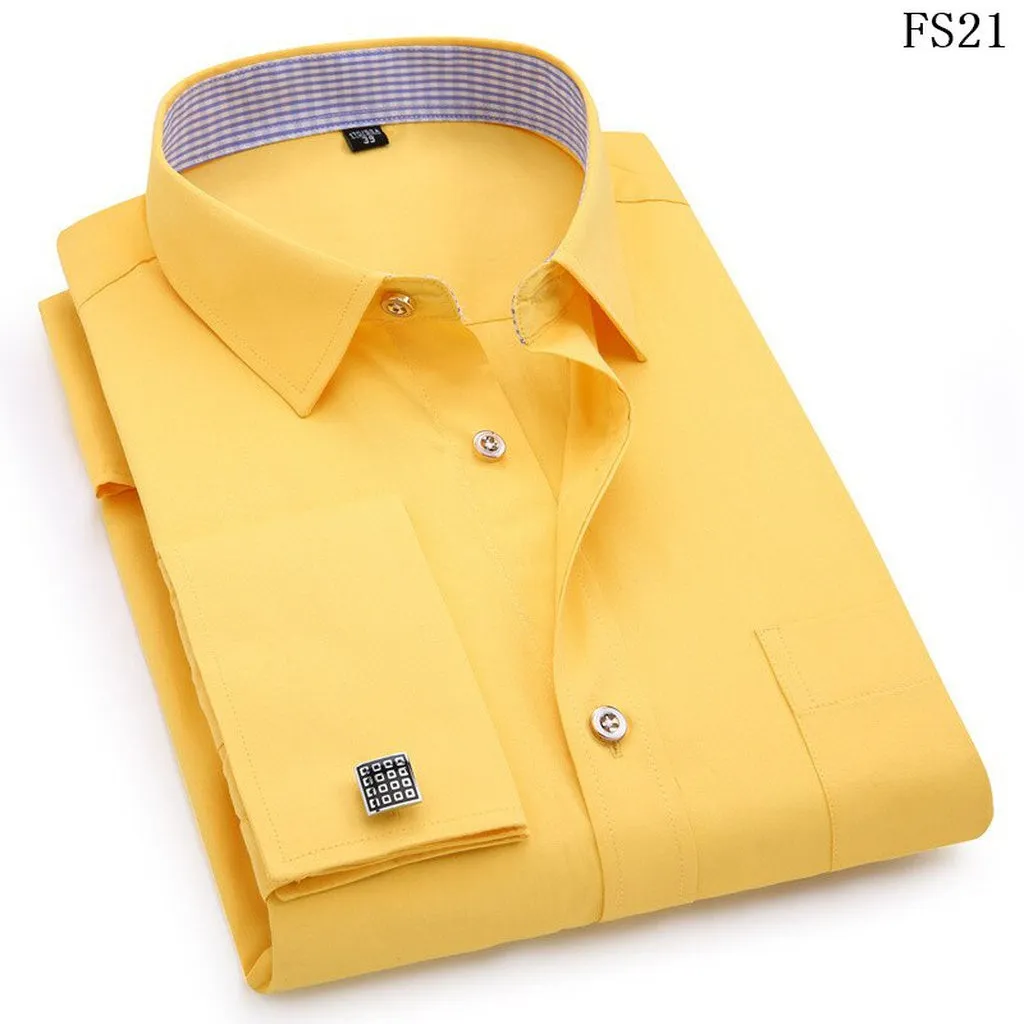 Men's Dress Shirts French Cuff Blue White Long Sleeved Business Casual Shirt Slim Fit Solid Color French Cufflinks Shirts For