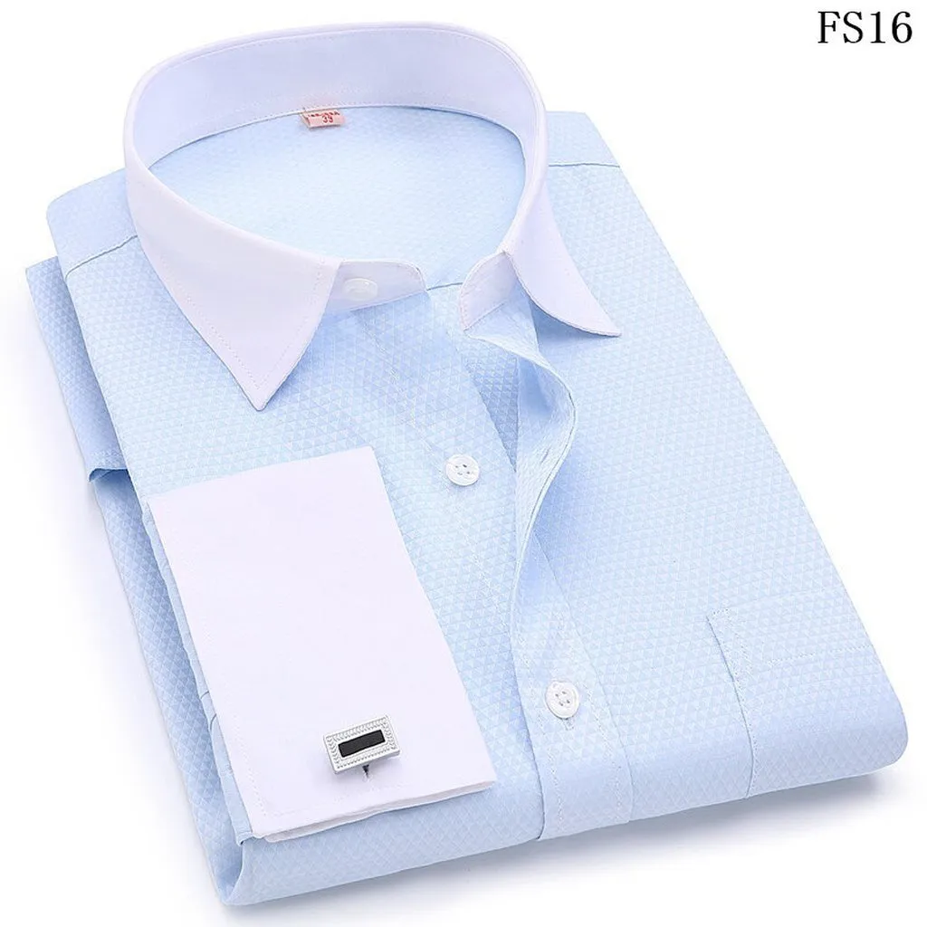 Men's Dress Shirts French Cuff Blue White Long Sleeved Business Casual Shirt Slim Fit Solid Color French Cufflinks Shirts For