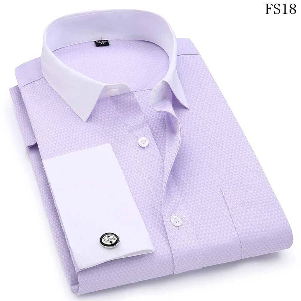Men's Dress Shirts French Cuff Blue White Long Sleeved Business Casual Shirt Slim Fit Solid Color French Cufflinks Shirts For