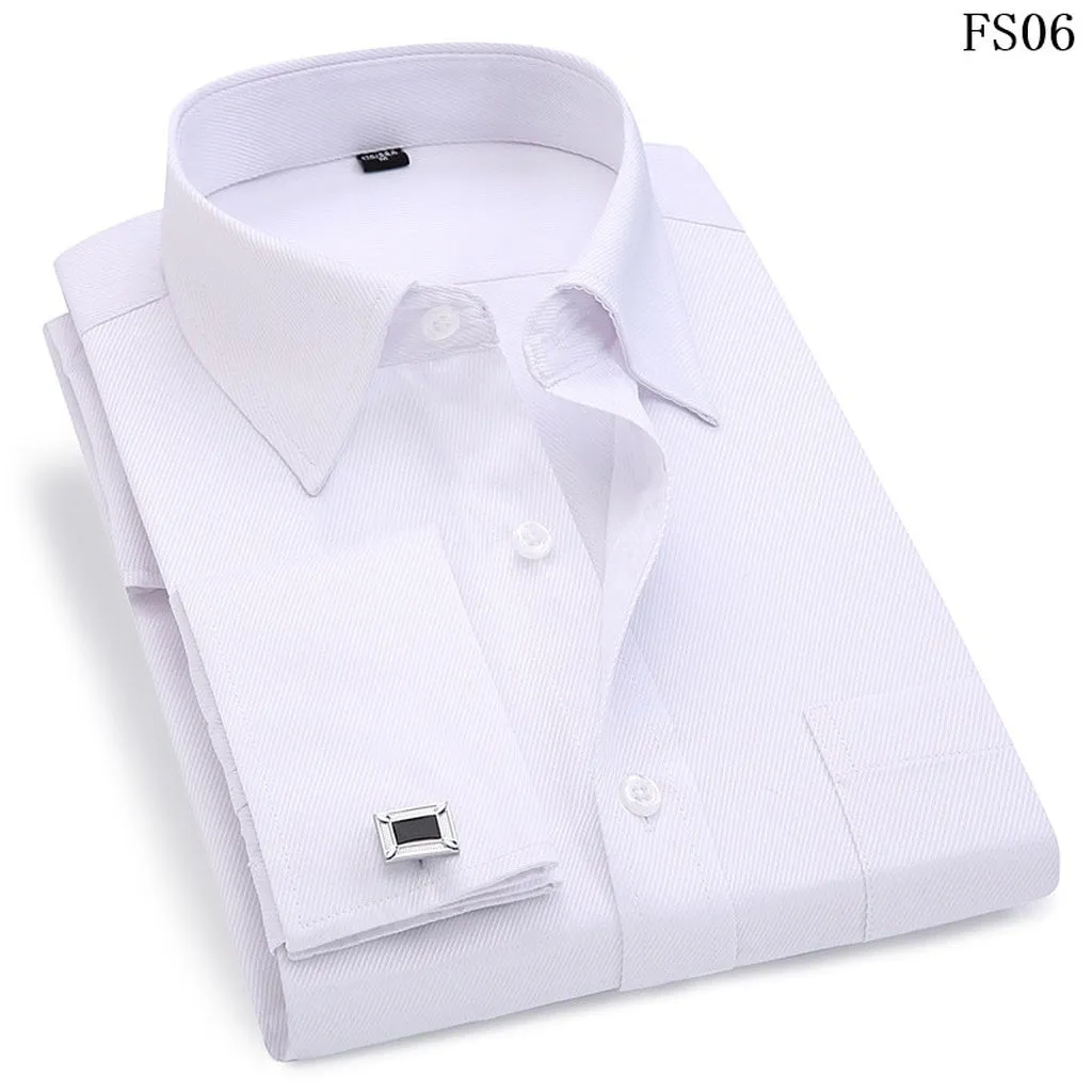 Men's Dress Shirts French Cuff Blue White Long Sleeved Business Casual Shirt Slim Fit Solid Color French Cufflinks Shirts For