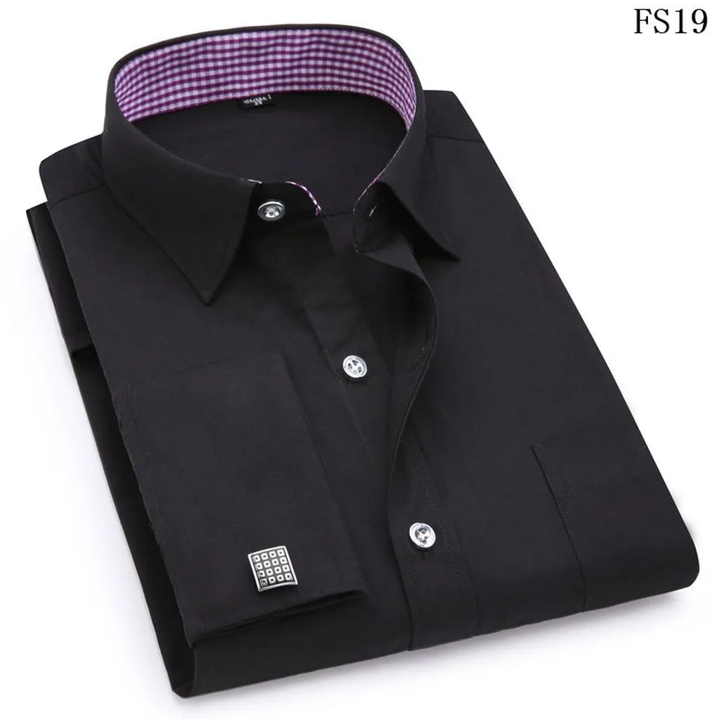 Men's Dress Shirts French Cuff Blue White Long Sleeved Business Casual Shirt Slim Fit Solid Color French Cufflinks Shirts For