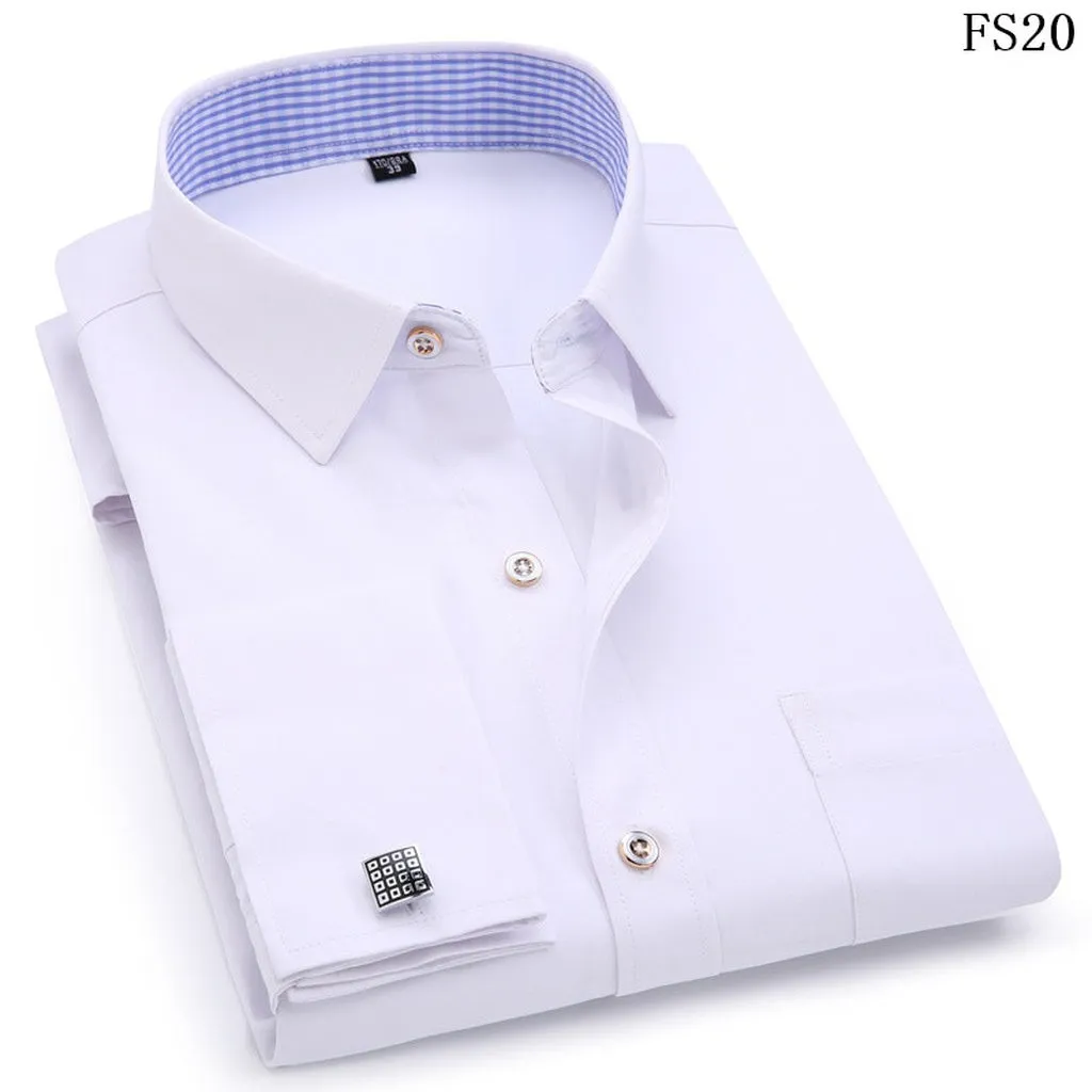 Men's Dress Shirts French Cuff Blue White Long Sleeved Business Casual Shirt Slim Fit Solid Color French Cufflinks Shirts For