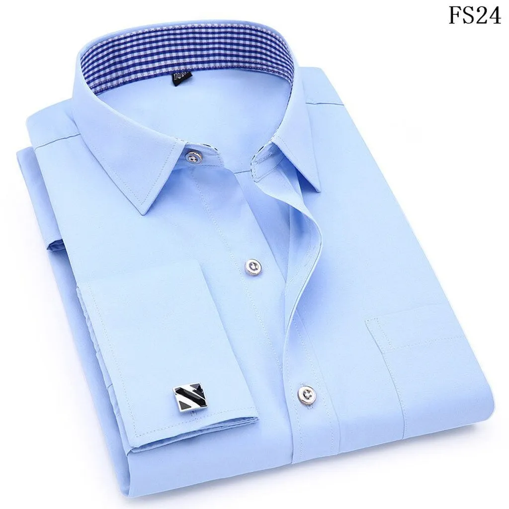 Men's Dress Shirts French Cuff Blue White Long Sleeved Business Casual Shirt Slim Fit Solid Color French Cufflinks Shirts For