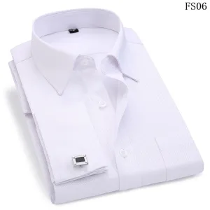 Men's Dress Shirts French Cuff Blue White Long Sleeved Business Casual Shirt Slim Fit Solid Color French Cufflinks Shirts For