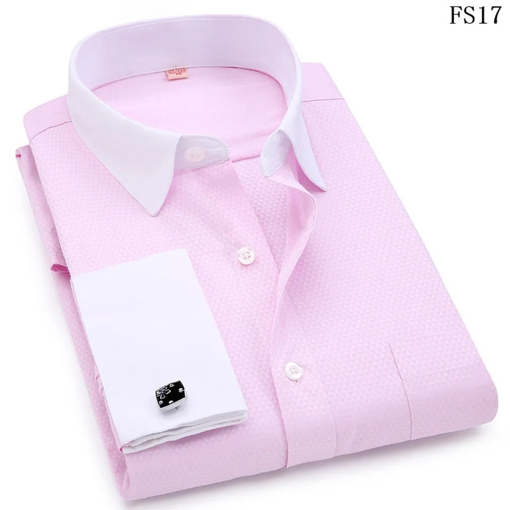 Men's Dress Shirts French Cuff Blue White Long Sleeved Business Casual Shirt Slim Fit Solid Color French Cufflinks Shirts For
