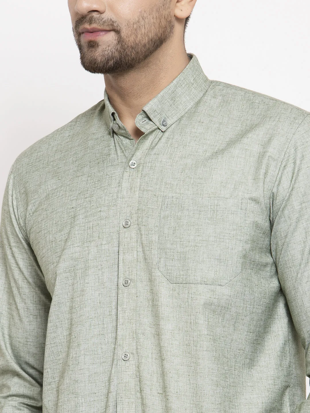 Men's Green Cotton Solid Button Down Formal Shirts ( SF 753Pista ) - Jainish