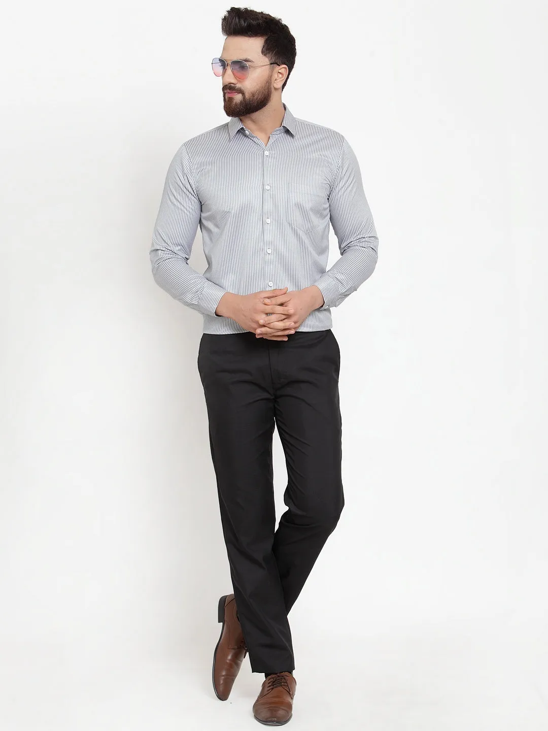 Men's Grey Cotton Stiped Formal Shirts ( SF 737Grey ) - Jainish