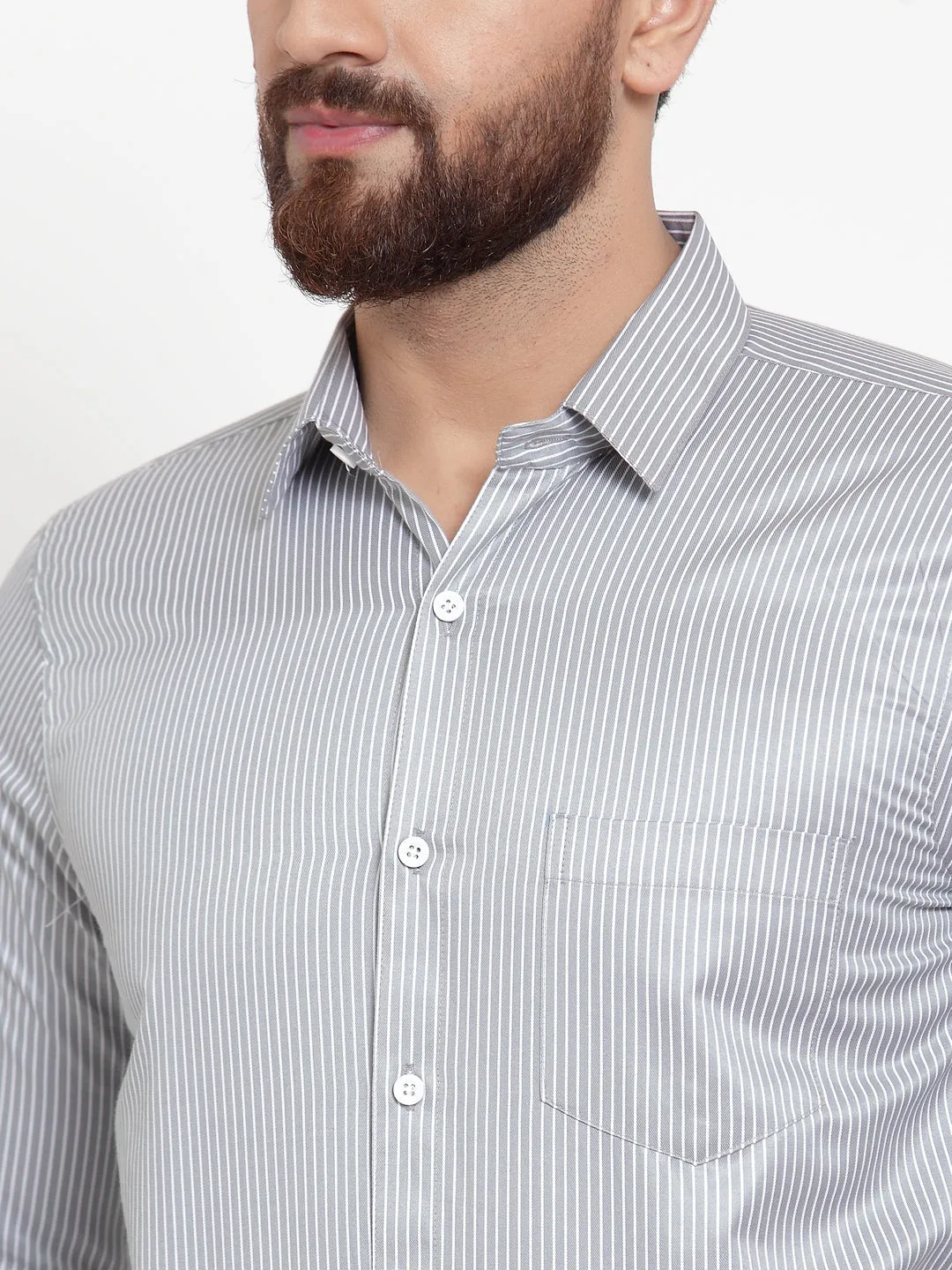 Men's Grey Cotton Stiped Formal Shirts ( SF 737Grey ) - Jainish