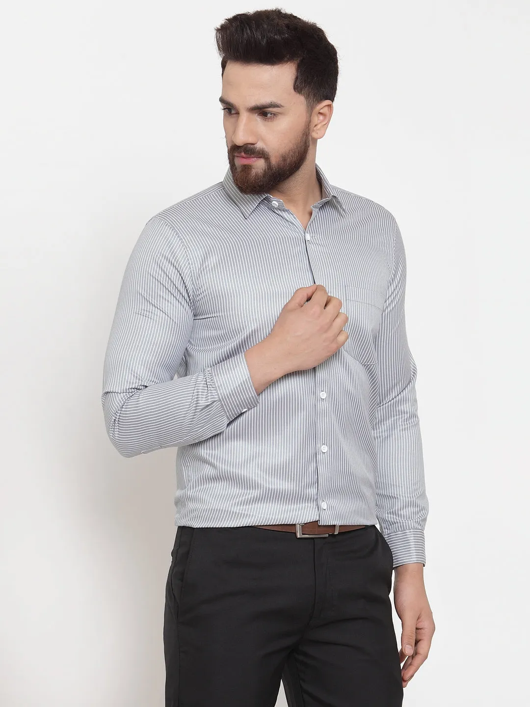 Men's Grey Cotton Stiped Formal Shirts ( SF 737Grey ) - Jainish