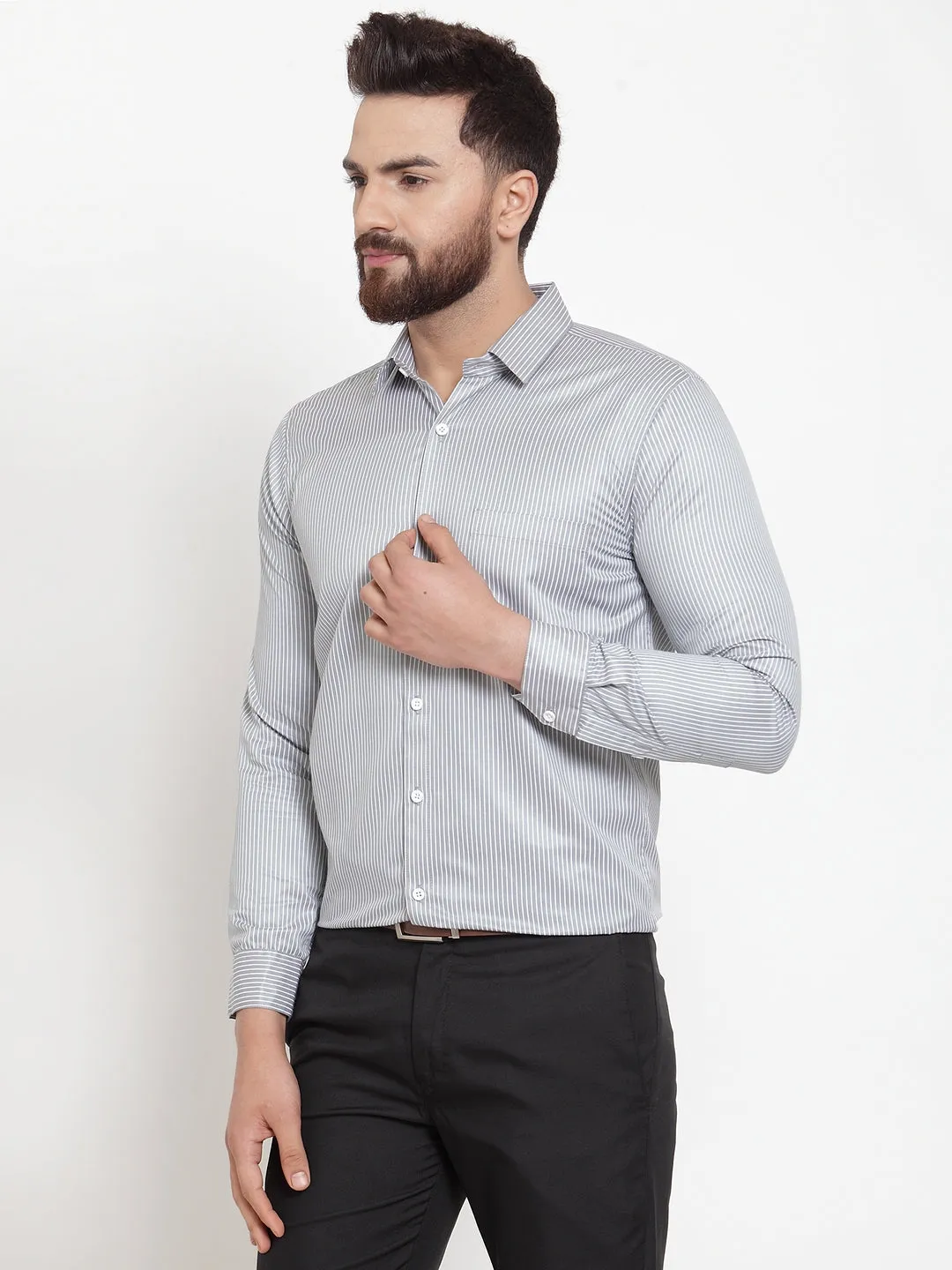 Men's Grey Cotton Stiped Formal Shirts ( SF 737Grey ) - Jainish
