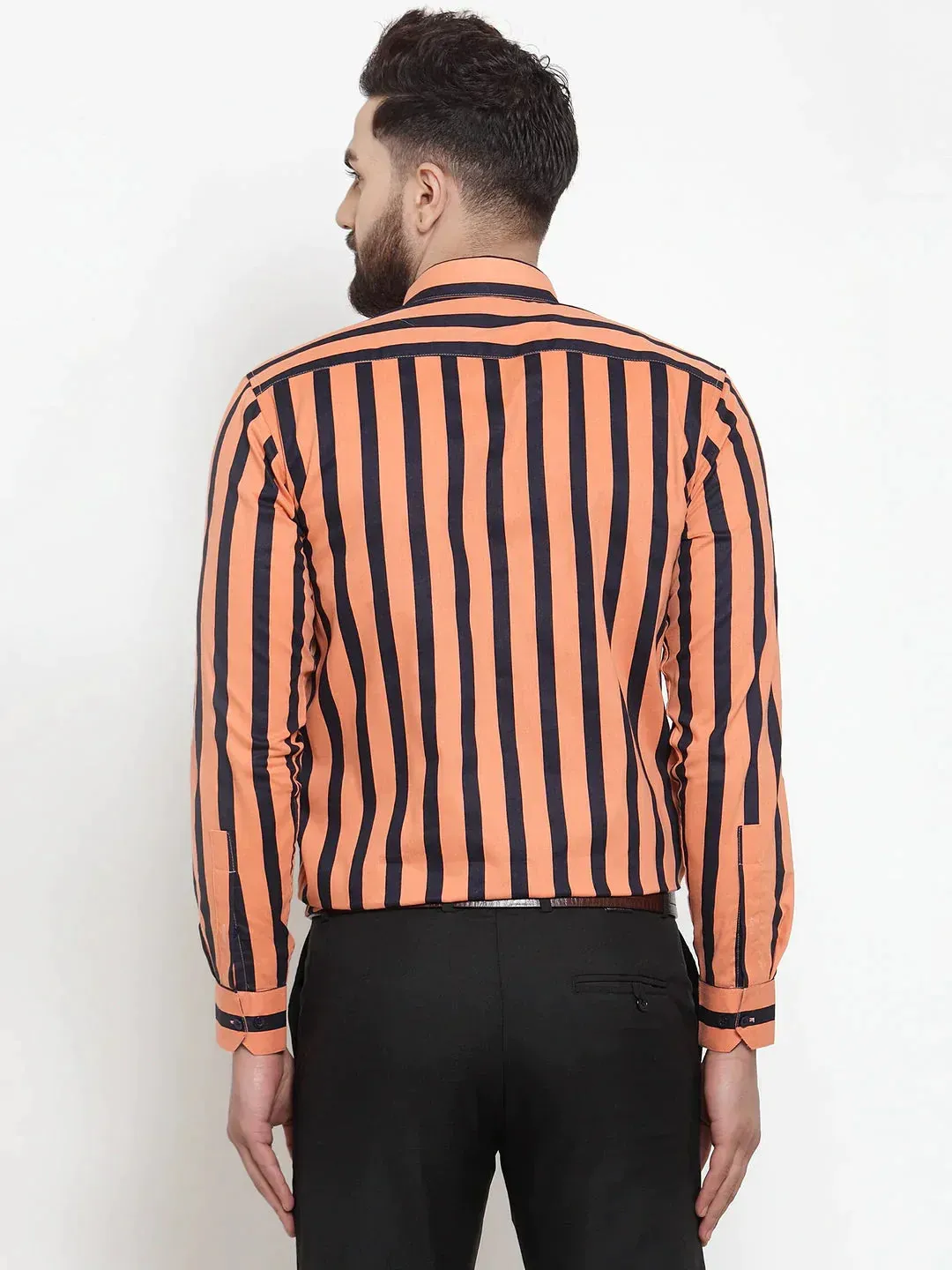 Men's Orange Cotton Striped Formal Shirts - Taantav