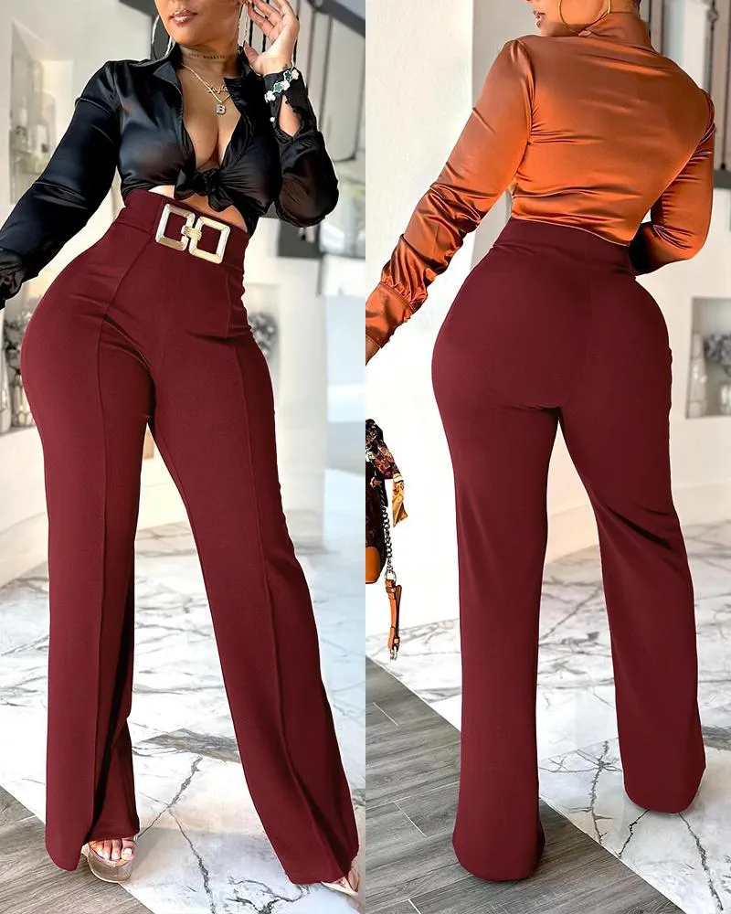Metal Button Decor High Waist Pants Casual Slim Fit Strechy Business Pants
