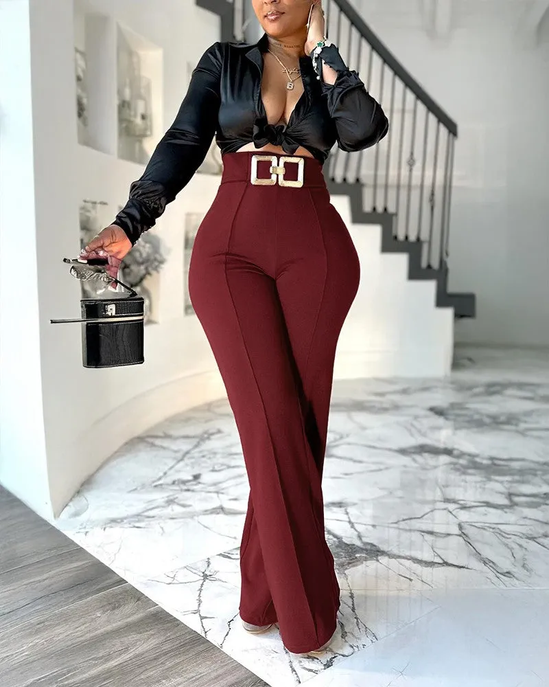 Metal Button Decor High Waist Pants Casual Slim Fit Strechy Business Pants