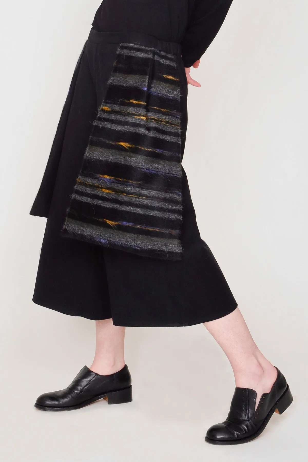 Multicolor Striped Alpaca Hair and Black Brushed Cotton Oversized Holster Pocket Wide Leg Shorts