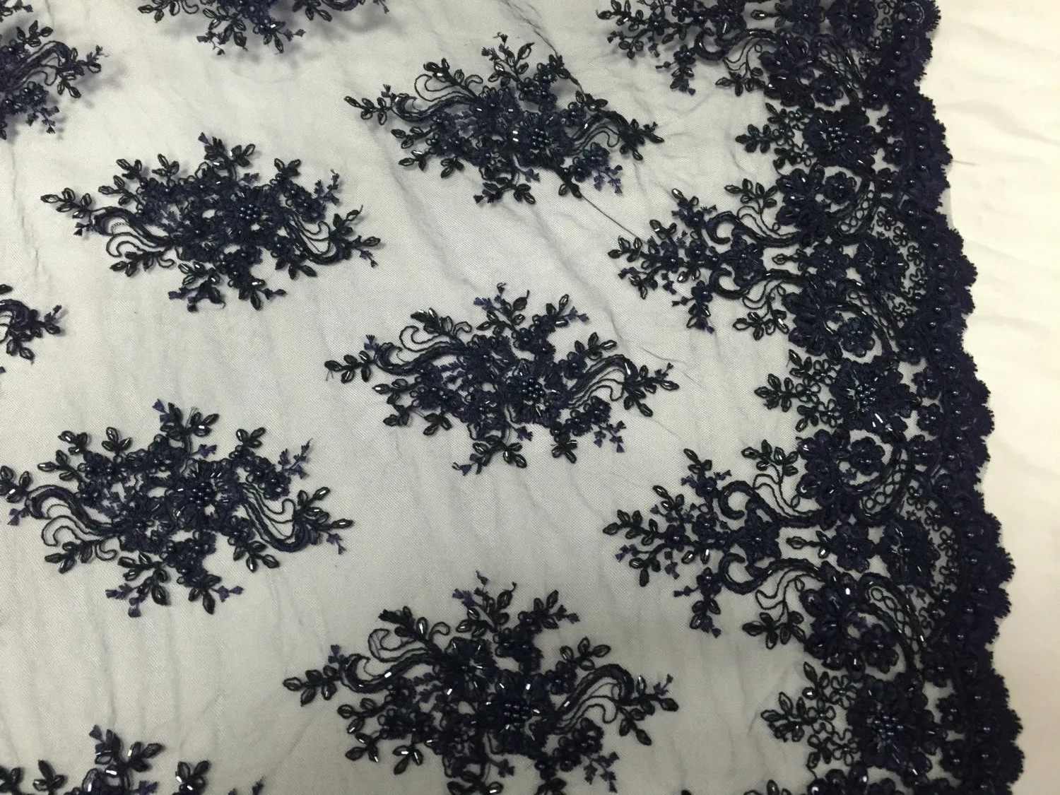 Navy Blue marvelous flower design embroider and beaded on a mesh lace-prom-nightgown-decorations-dresses-sold by the yard.