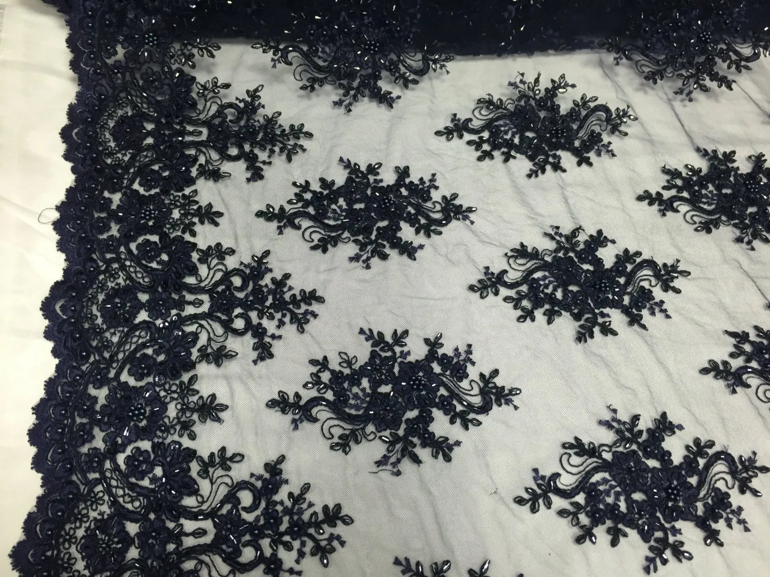 Navy Blue marvelous flower design embroider and beaded on a mesh lace-prom-nightgown-decorations-dresses-sold by the yard.