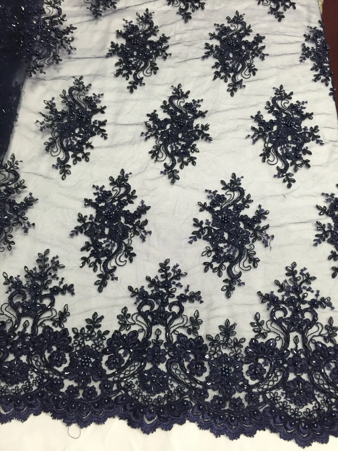 Navy Blue marvelous flower design embroider and beaded on a mesh lace-prom-nightgown-decorations-dresses-sold by the yard.