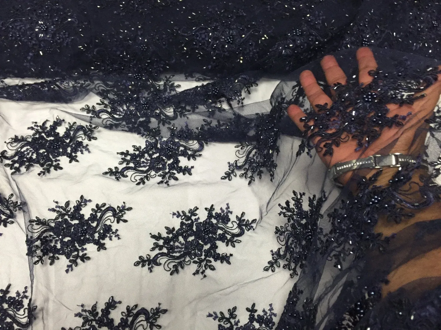 Navy Blue marvelous flower design embroider and beaded on a mesh lace-prom-nightgown-decorations-dresses-sold by the yard.