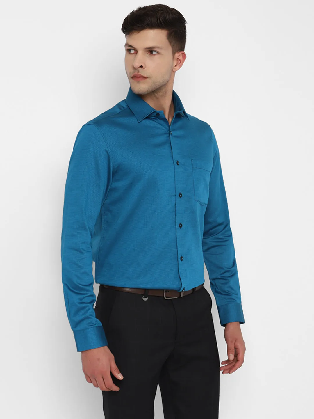 Navy Cotton Self Design Slim Fit Shirts