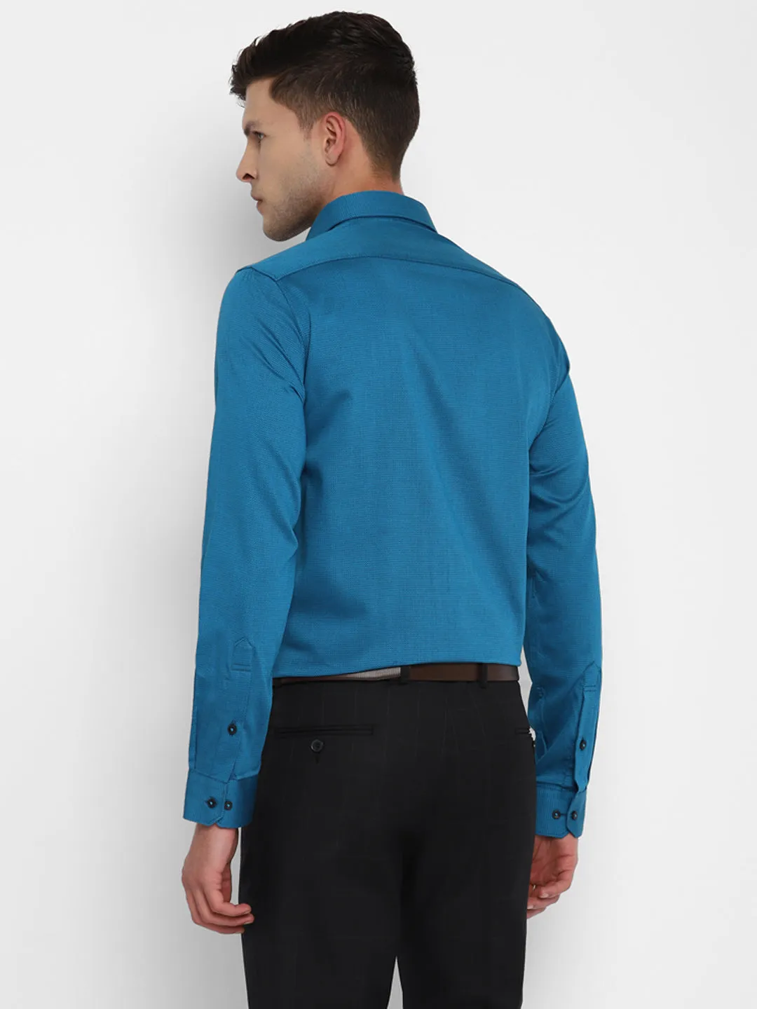 Navy Cotton Self Design Slim Fit Shirts
