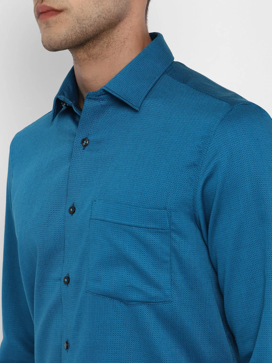 Navy Cotton Self Design Slim Fit Shirts