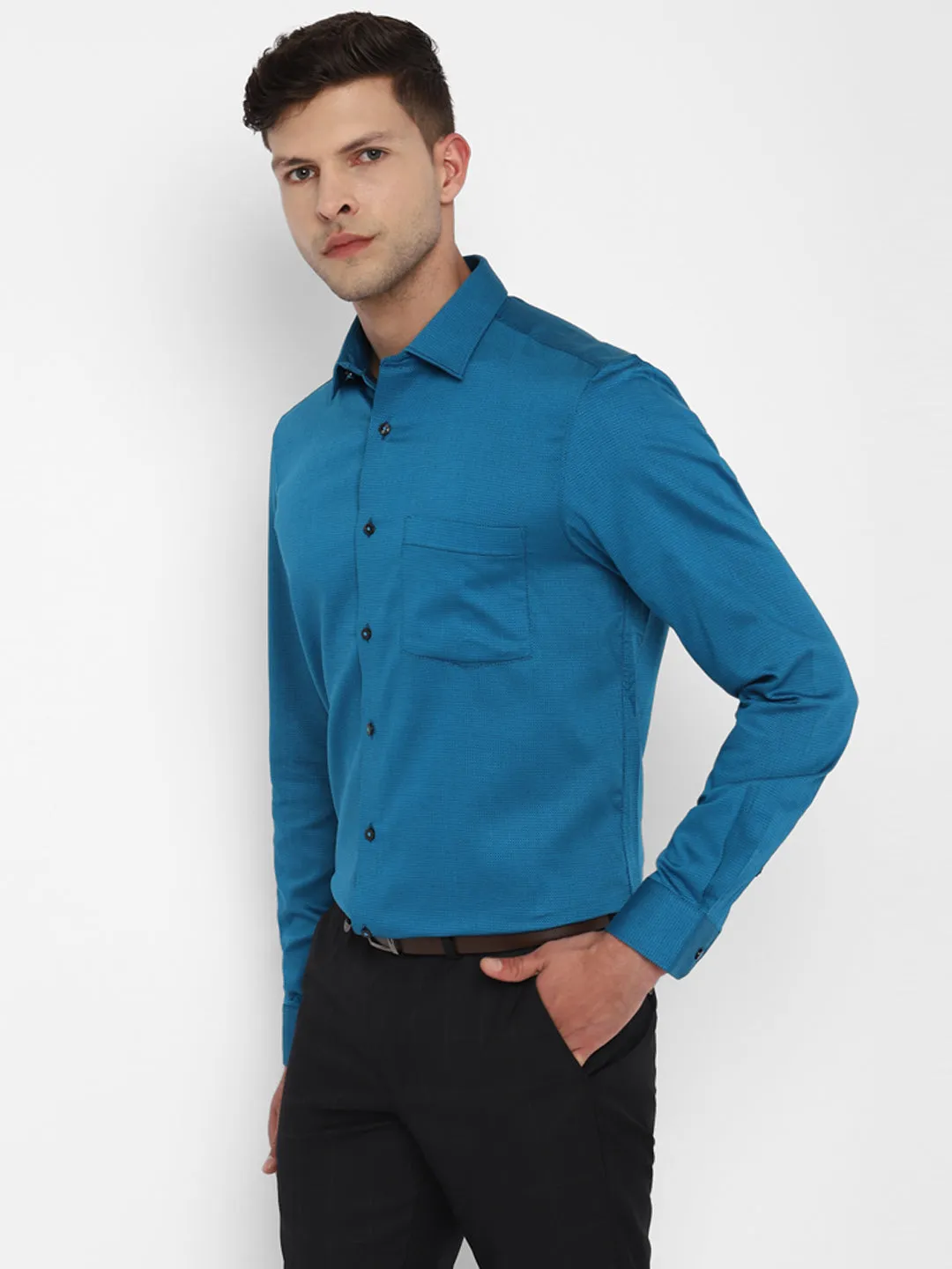 Navy Cotton Self Design Slim Fit Shirts