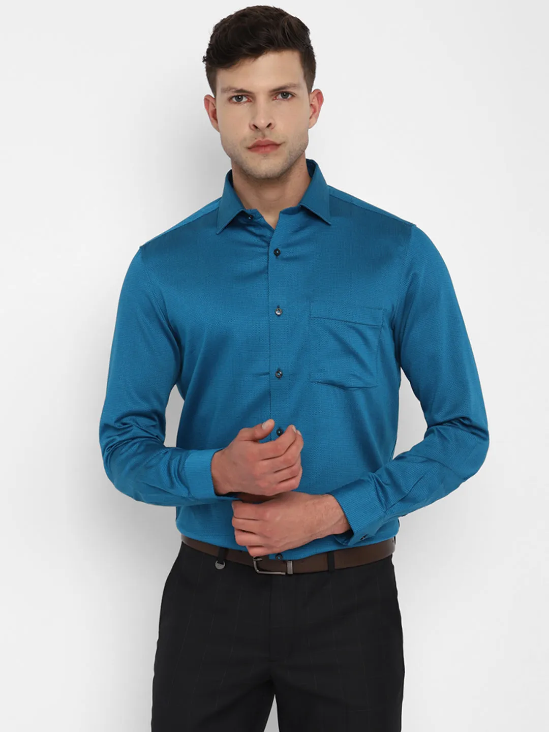 Navy Cotton Self Design Slim Fit Shirts