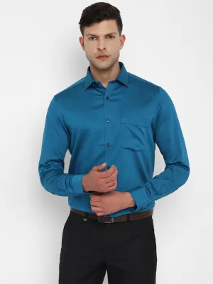 Navy Cotton Self Design Slim Fit Shirts