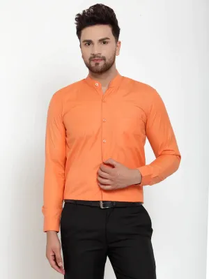 Orange Men'S Cotton Solid Mandarin Collar Formal Shirts