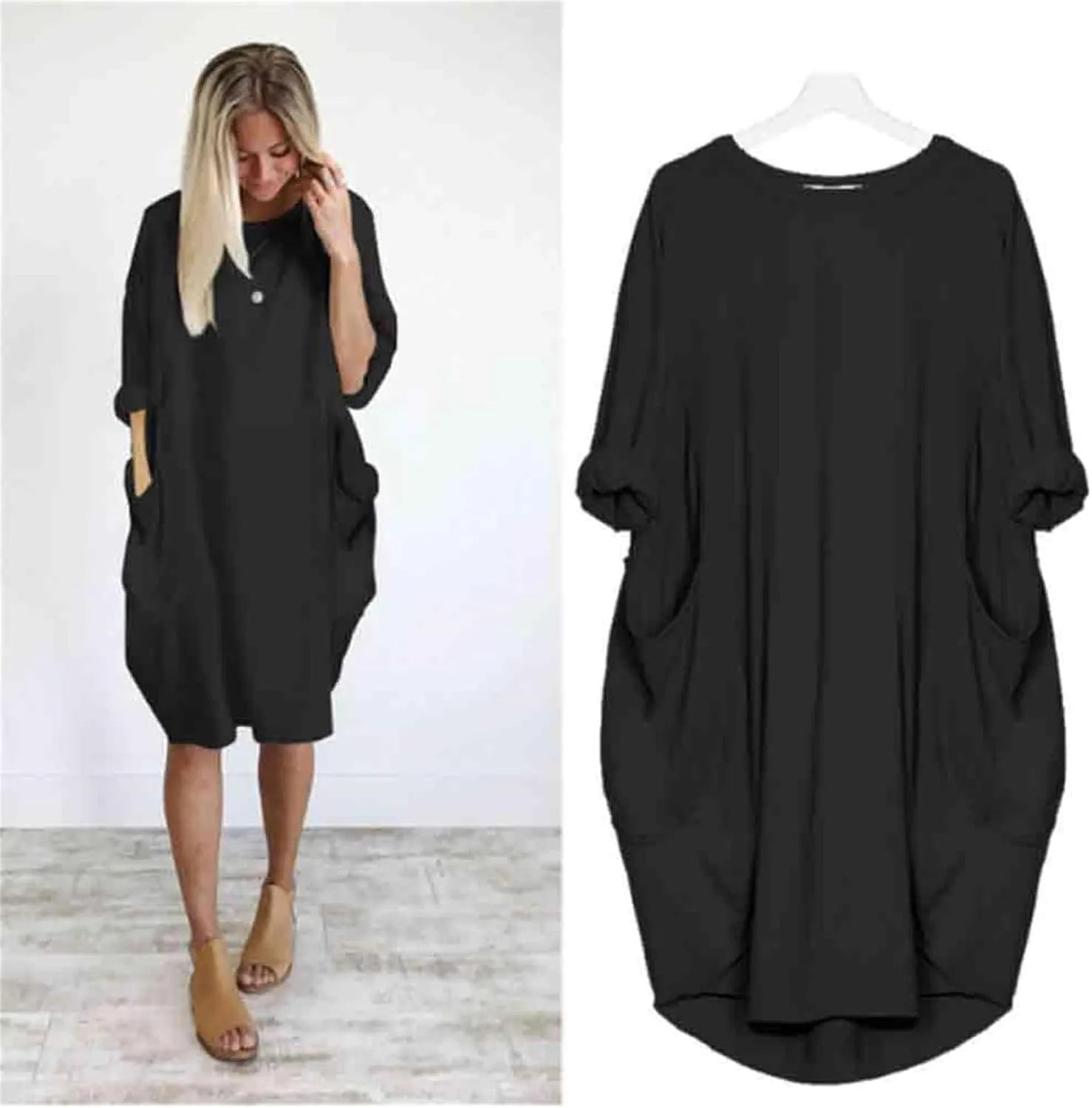 Oversize T-Shirts for Women with Pockets Fashion Summer Baggy Long Sleeve T Shirt Solid Basic Tees Top Beach Mini Dress