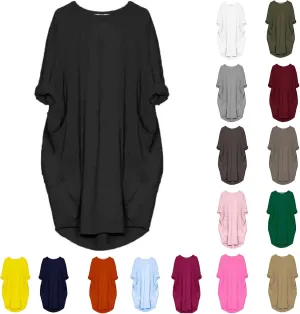 Oversize T-Shirts for Women with Pockets Fashion Summer Baggy Long Sleeve T Shirt Solid Basic Tees Top Beach Mini Dress