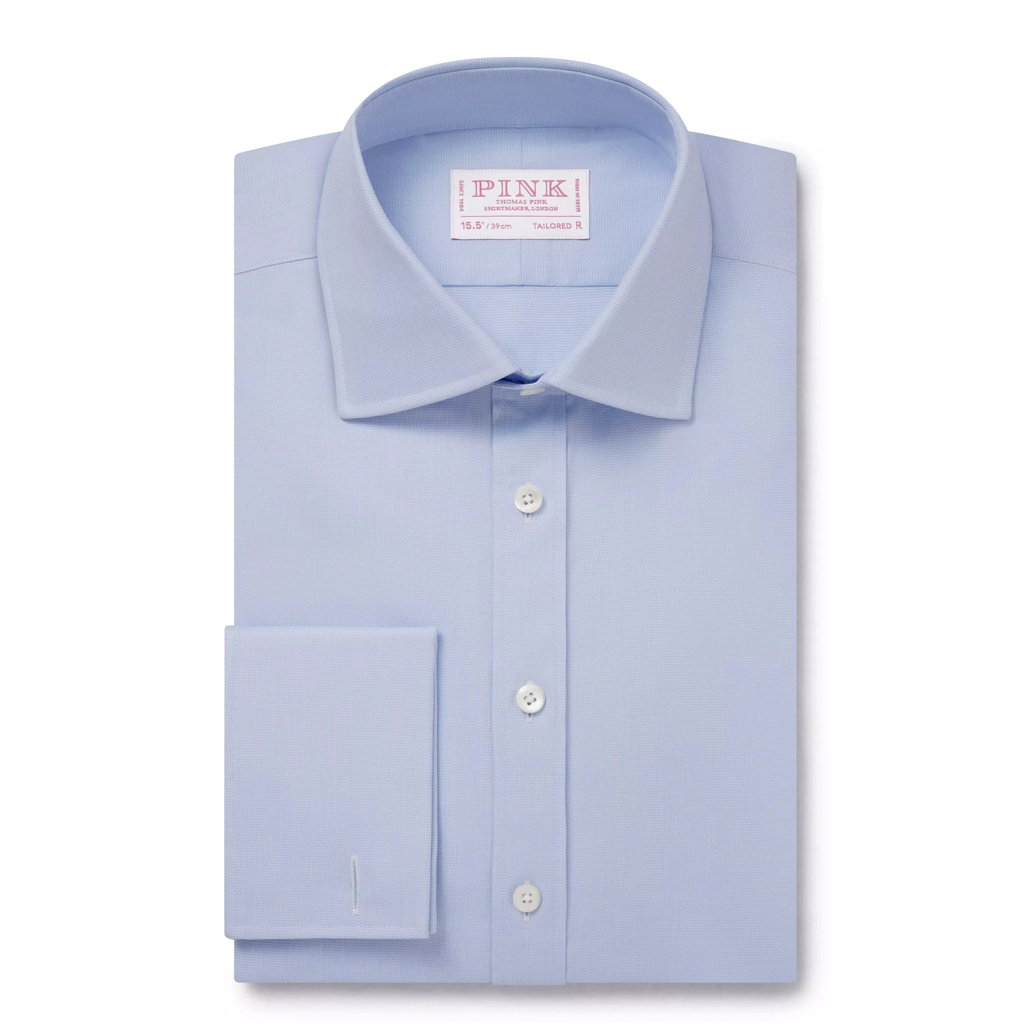 Pale Blue & White Tailored Fit French Cuff Puppytooth Dress Shirt
