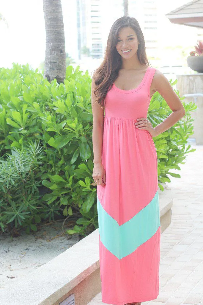 Pink And Mint Sleeveless Chevron Maxi Dress