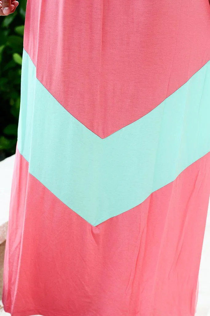 Pink And Mint Sleeveless Chevron Maxi Dress