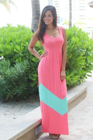 Pink And Mint Sleeveless Chevron Maxi Dress
