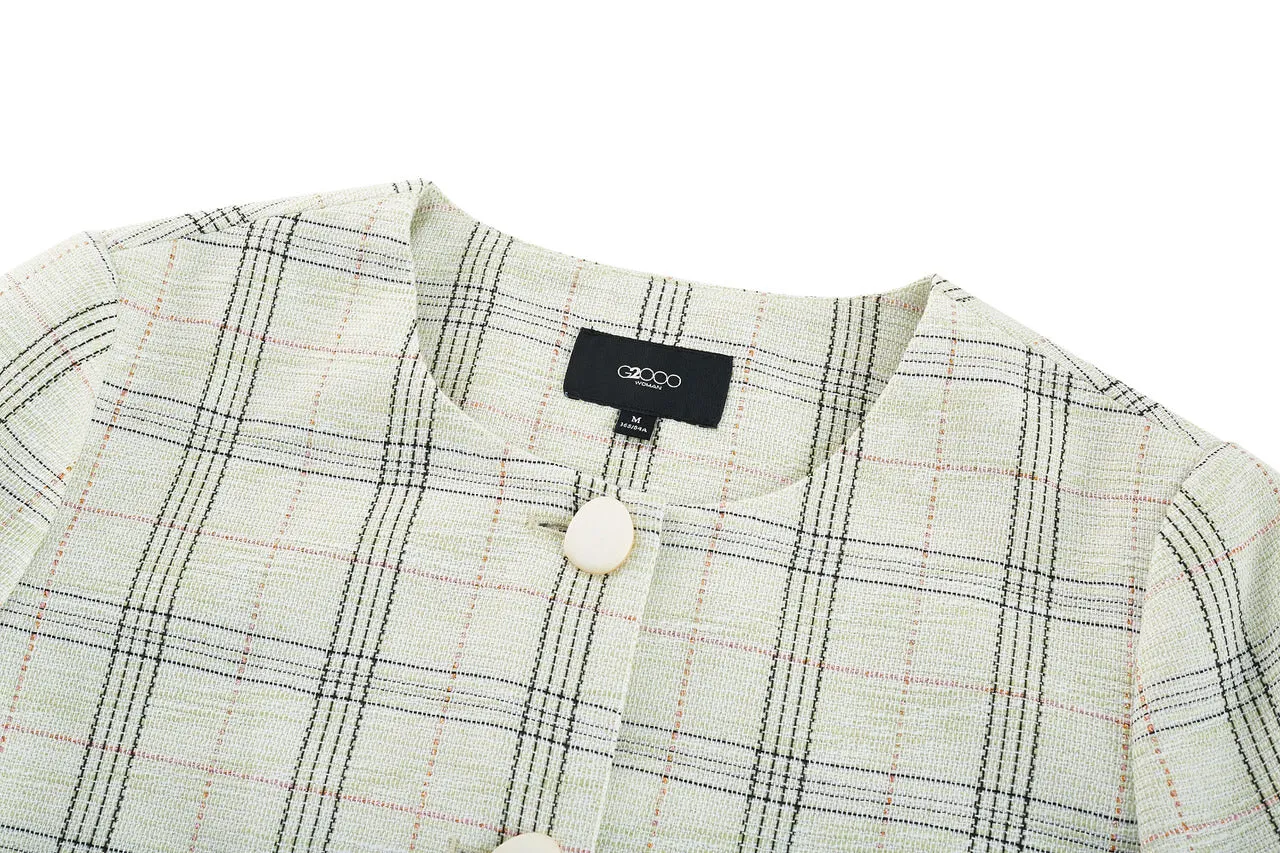 Plaid Checks Round Neck Jacket
