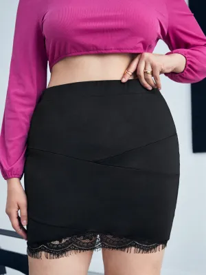 Plain Contrast Lace Short Plus Size Skirt