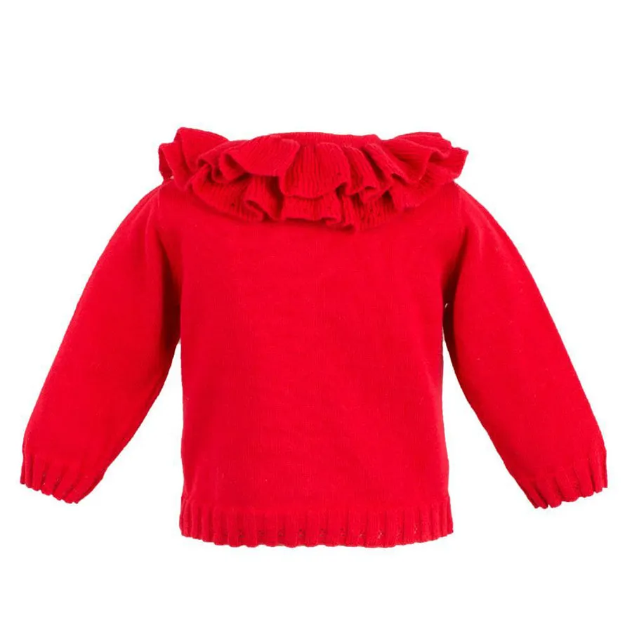 Pointelle Ruffle Collar Cardigan - Red