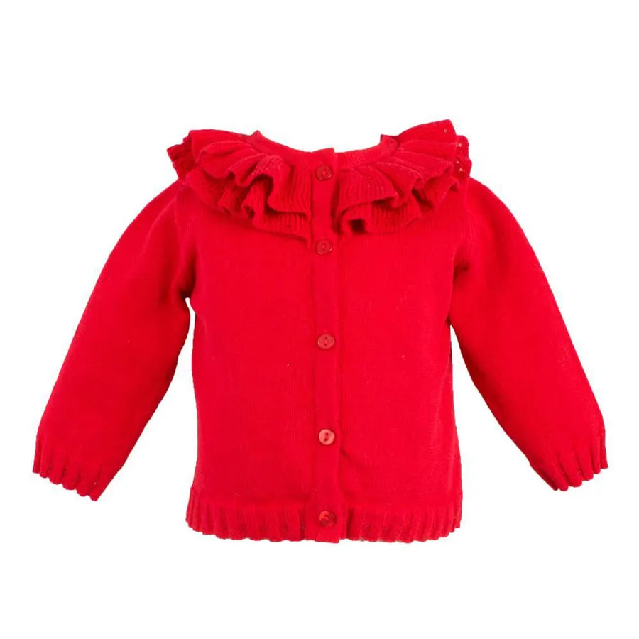 Pointelle Ruffle Collar Cardigan - Red