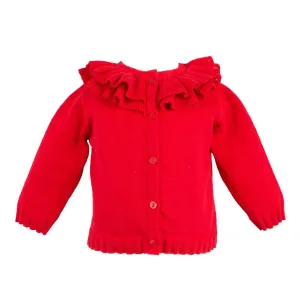 Pointelle Ruffle Collar Cardigan - Red