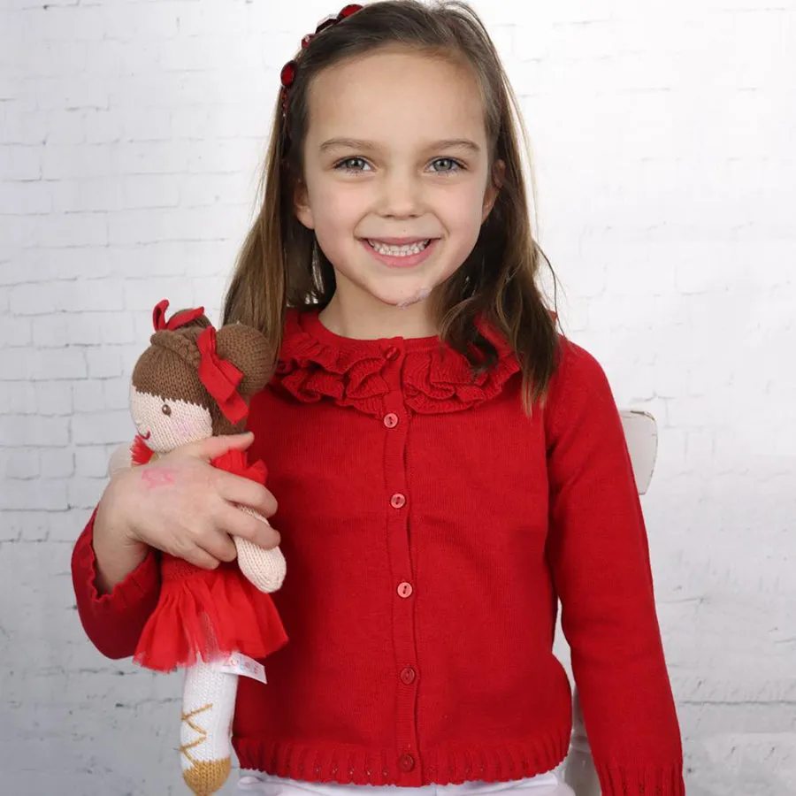 Pointelle Ruffle Collar Cardigan - Red