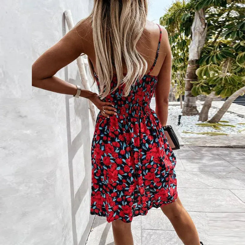 Print Vocation Style Short Swing Elastic Waist Casual Backless Floral Floral Dress