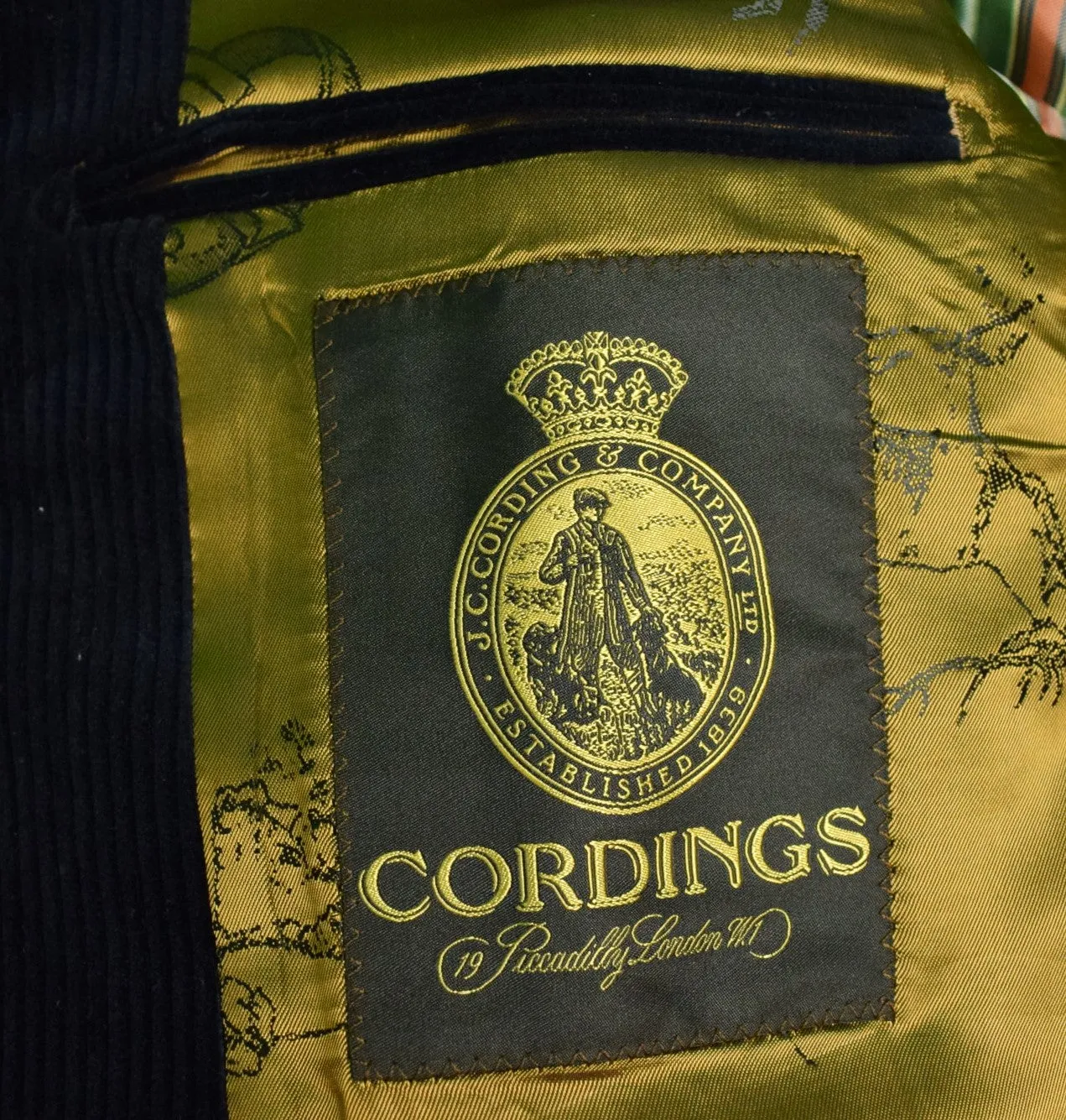 "Cordings Piccadilly Navy Cord w/ Choc Suede Trim Jacket" Sz: 40R