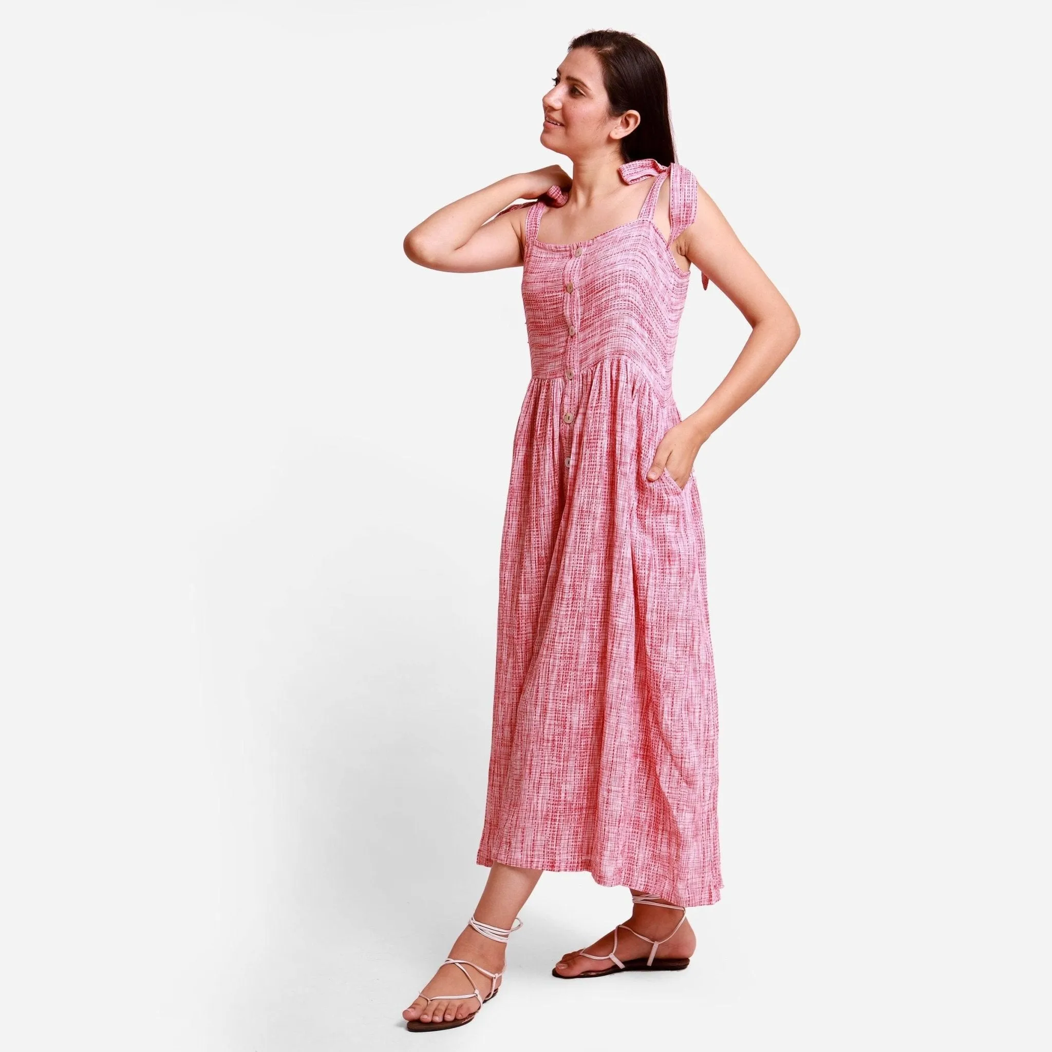 Red Striped Crinkled Cotton Maxi Bohemian Dress
