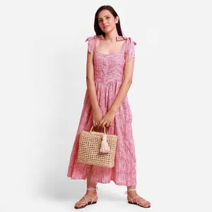 Red Striped Crinkled Cotton Maxi Bohemian Dress