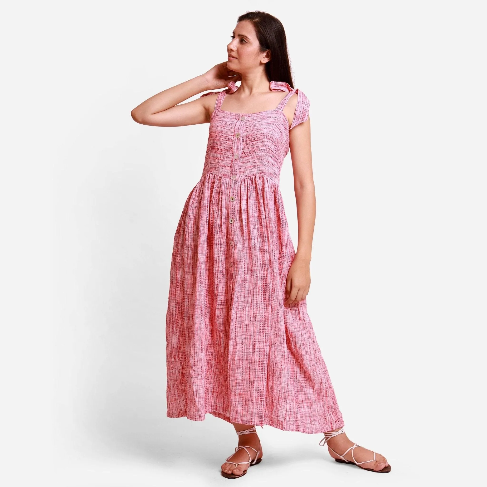 Red Striped Crinkled Cotton Maxi Bohemian Dress