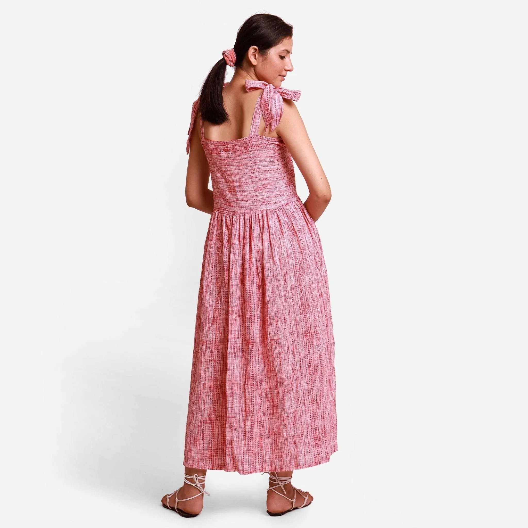 Red Striped Crinkled Cotton Maxi Bohemian Dress