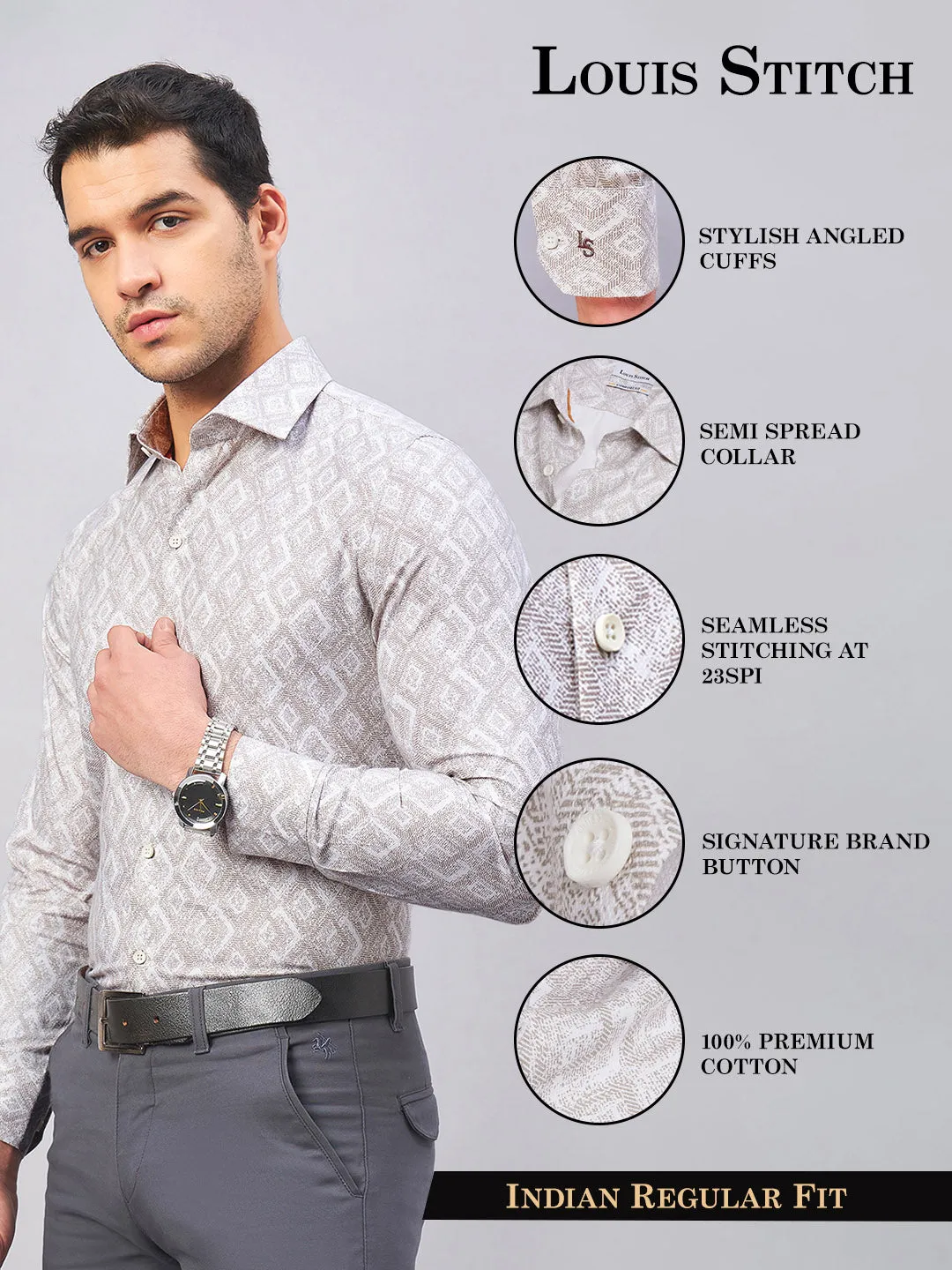Regular Fit Formal Graphic Brown Shirt For Men