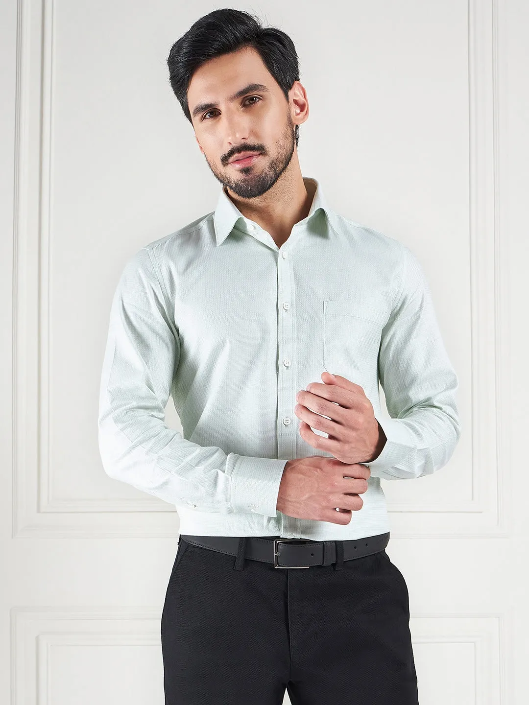 Regular Fit Geometric Green Shirt For Men