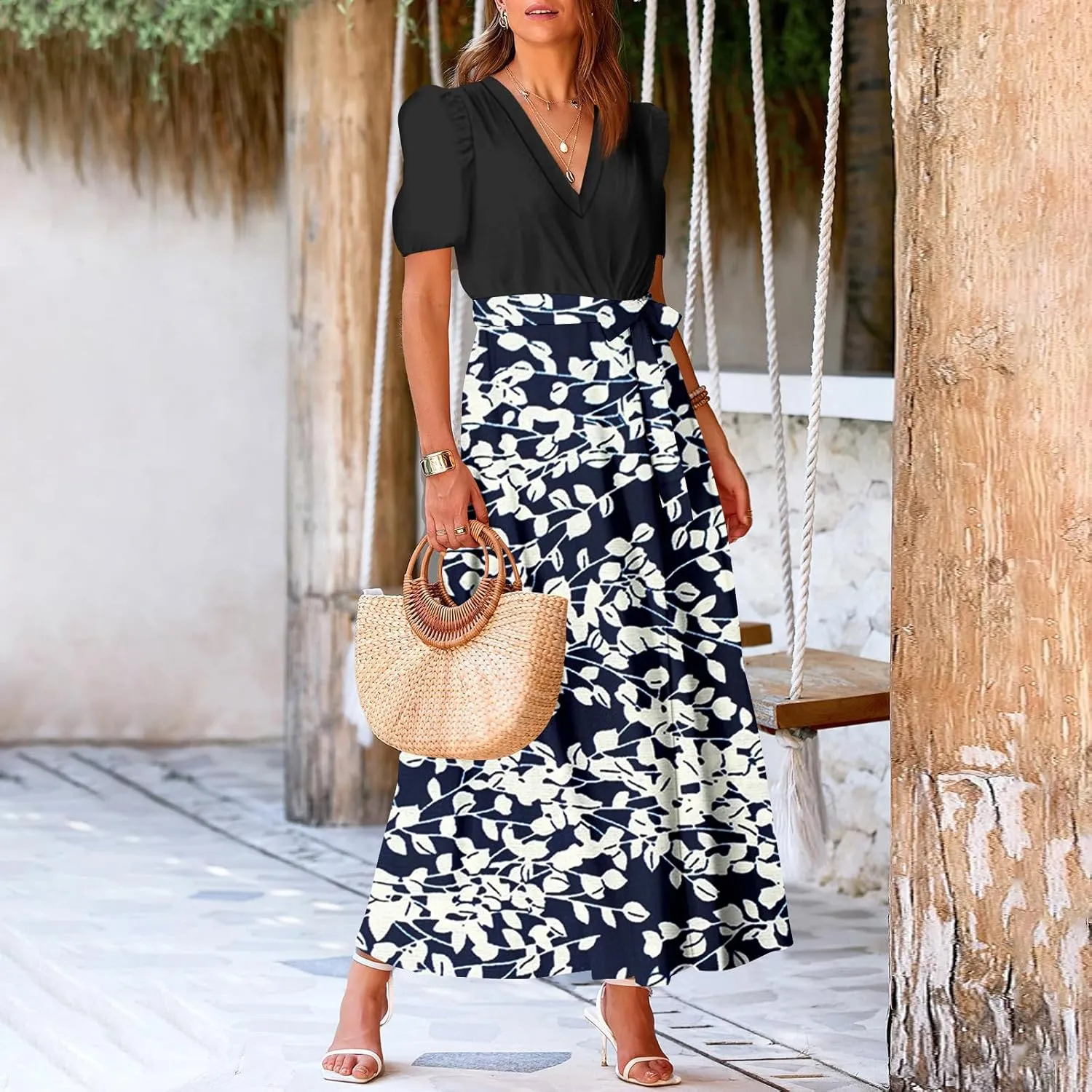 Resort Dresses for Women 2025 Vacation Floral Beach Wedding Guest Maxi Dress High Slit Ruffle Tea Party Midi Dress